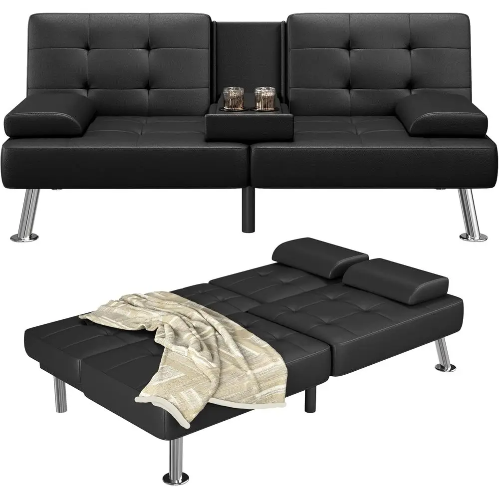 uton Soa Bed Adjustable uton Couch Sleeper Soa Bed or Living Room, BusinOice, Recliner Soas with Cup Holders (PU Leather, Black)