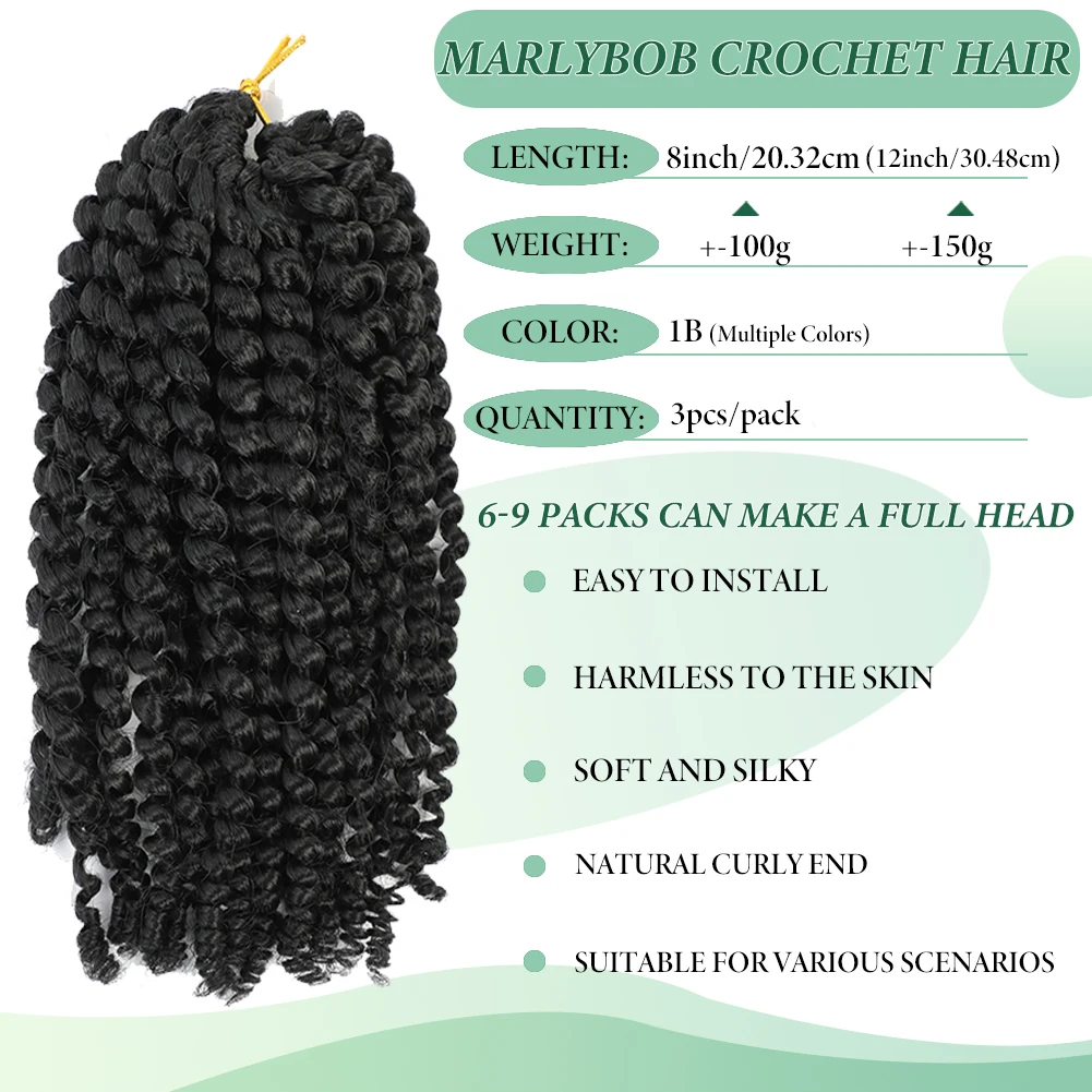 Marlybob Crochet Hair Synthetic Hair Extension 3Pcs/Pack Short Kinky Curly Braiding Hair 8&12 Inches Jerry Curly Crochet Braids