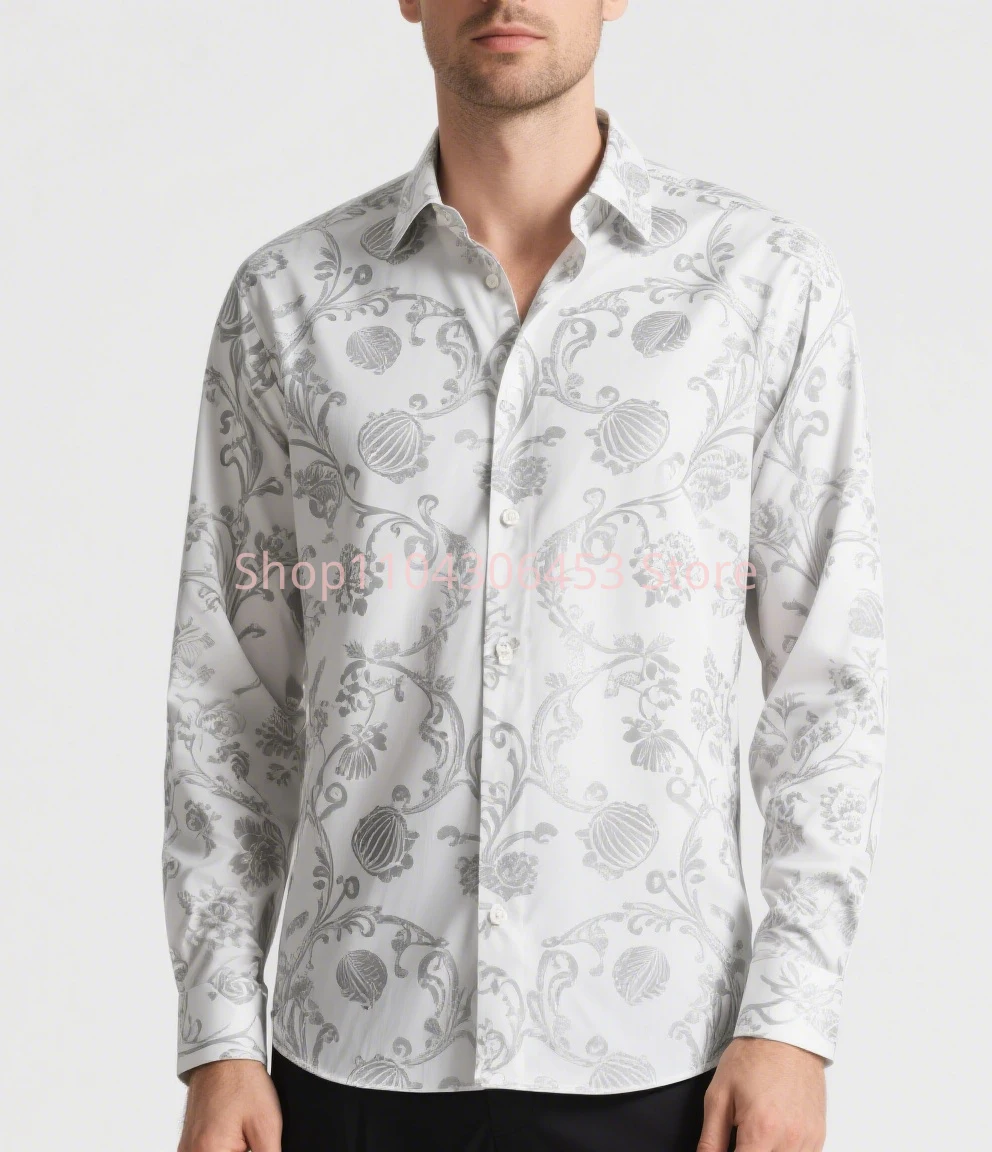 Men's French Plant Graphic 3D Printing Dark Pattern Shirt Hawaiian Casual Long-sleeved Lapel Shirt Business Party Simple Formal