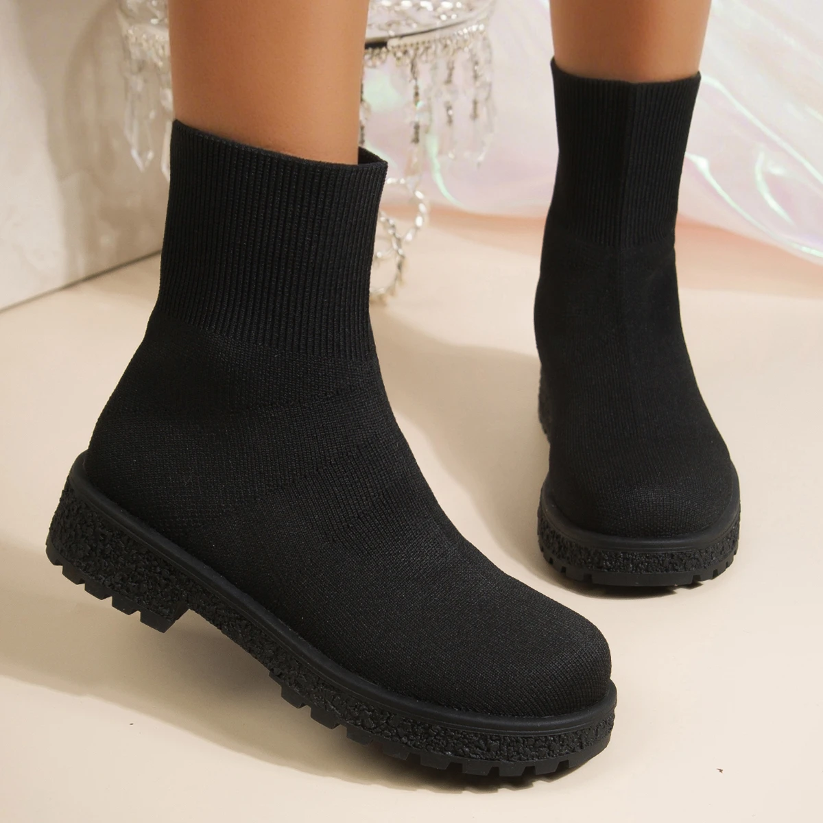 

Женские ботильоны в сетку, модные ботинки-носки, удобные дышащие женские ботинки без шнуровки, высокие ботинки на толстой подошве