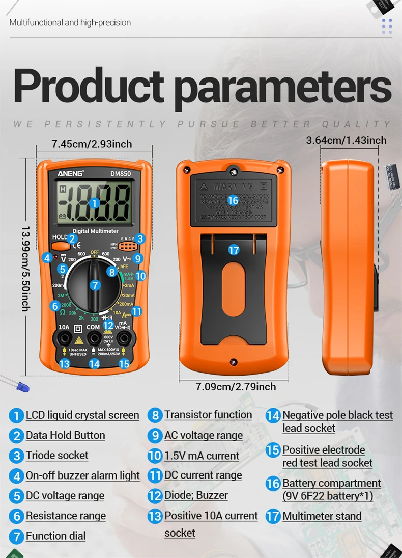 Multifunktionales ANENG DM850 Multimeter, 1999 Zähler, Summer, Datenhaltefunktion, Transistor, Haushaltsstromkreis, Elektrisches Reparaturmessgerät, Werkzeuge – Detail 8