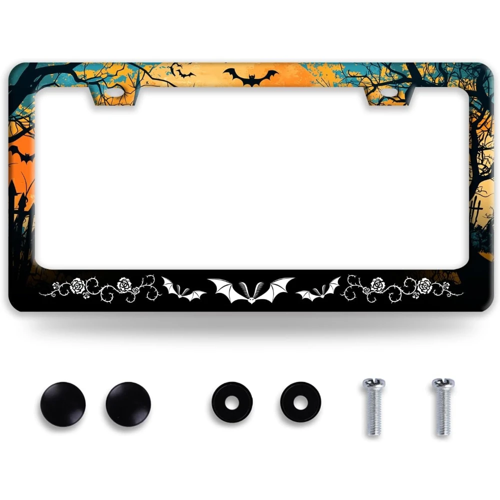 halloween-morcegos-quadro-da-placa-de-licenca-retro-rosa-floral-quadros-engracado-acessorio-automatico-placa-de-licenca-de-aco-inoxidavel