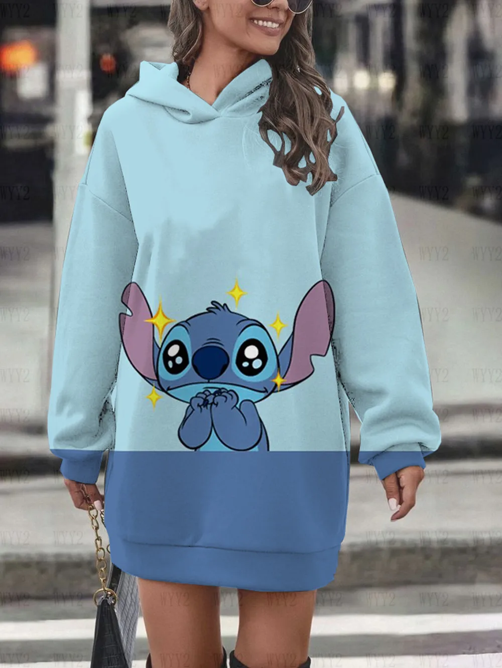 Autumn Winter Disney Stitch Printed Women\'s Loose Comfortable Hoodie Dress New Long Sleeve Casual Fashion Sweater Dress