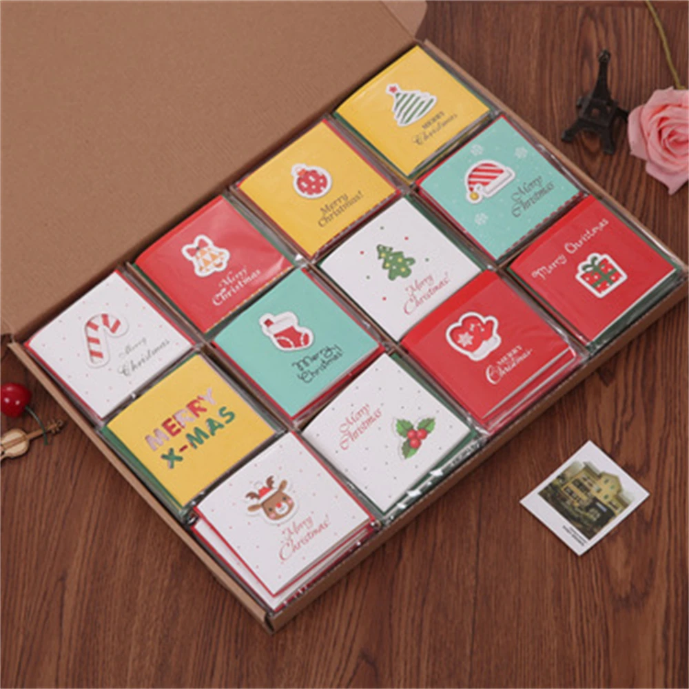 12pcs/Set Merry Christmas Greeting Cards with Envelope Xmas Sock Tree Deer Tags Paper Card New Year Gift 2022 to 2023 Decoration