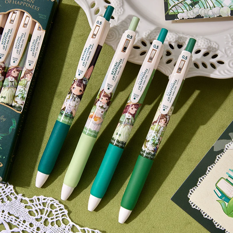 4pcs Lily of The Valley & The Girl Gel Pens Set Super Tiny Nib 0.5mm Ballpoint Black Color Ink for Writing A7436