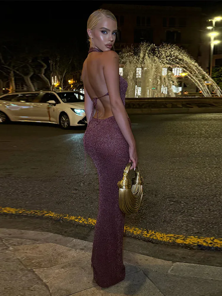 فستان منسوج برقبة معلقة مفرغة للنساء برباط بلون سادة بدون أكمام فساتين طويلة أنيقة بدون ظهر لقضاء عطلة الشاطئ رداء نسائي