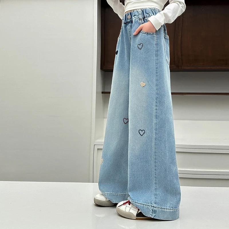 New Fashion School Girls Spring Jeans with Hearts Embroidery Kids Children Stylish Denim Pants Age 5 6 7 8 9 10 11 12 13 14 Year