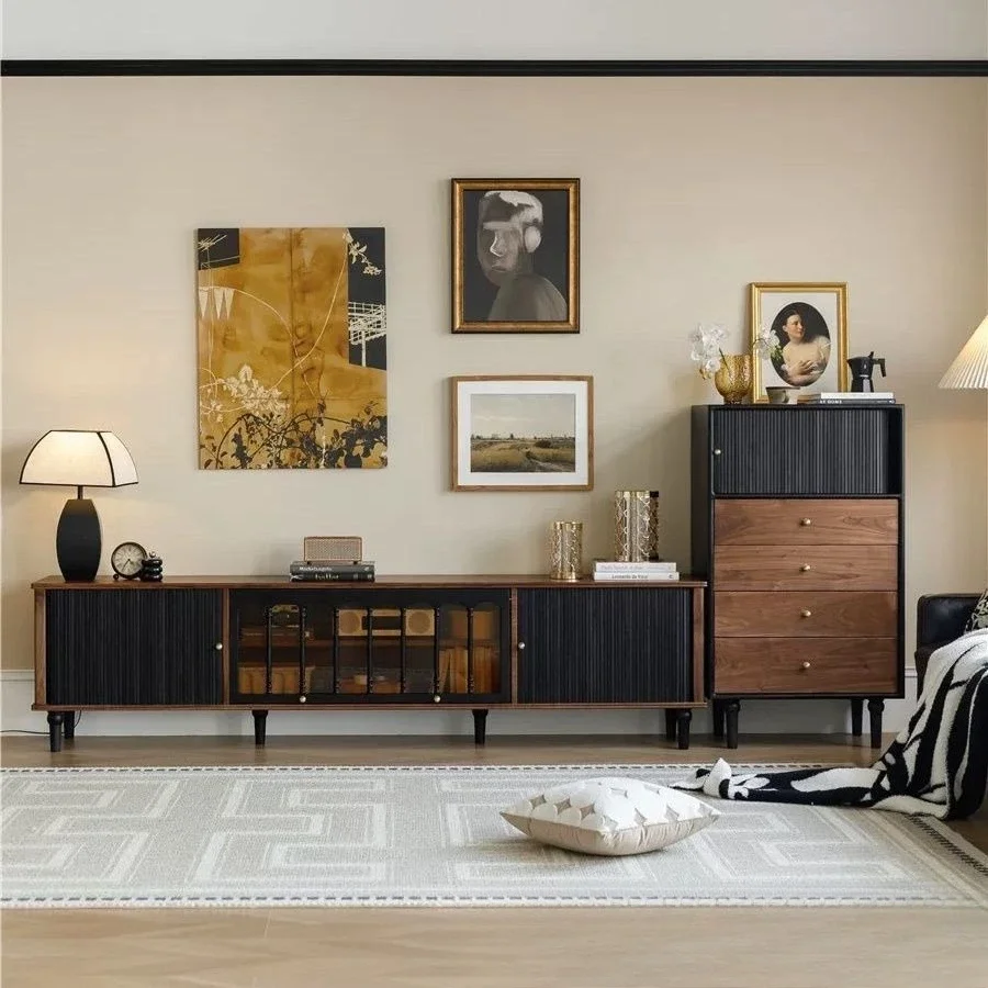 Retro wabi sandy wind black walnut color TV cabinet black small apartment living room antique furniture light luxury
