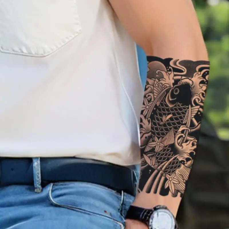 Autocollant de tatouage temporaire semi-permanent traditionnel japonais motif carpe koï et fleur, imperméable, pour hommes, bras