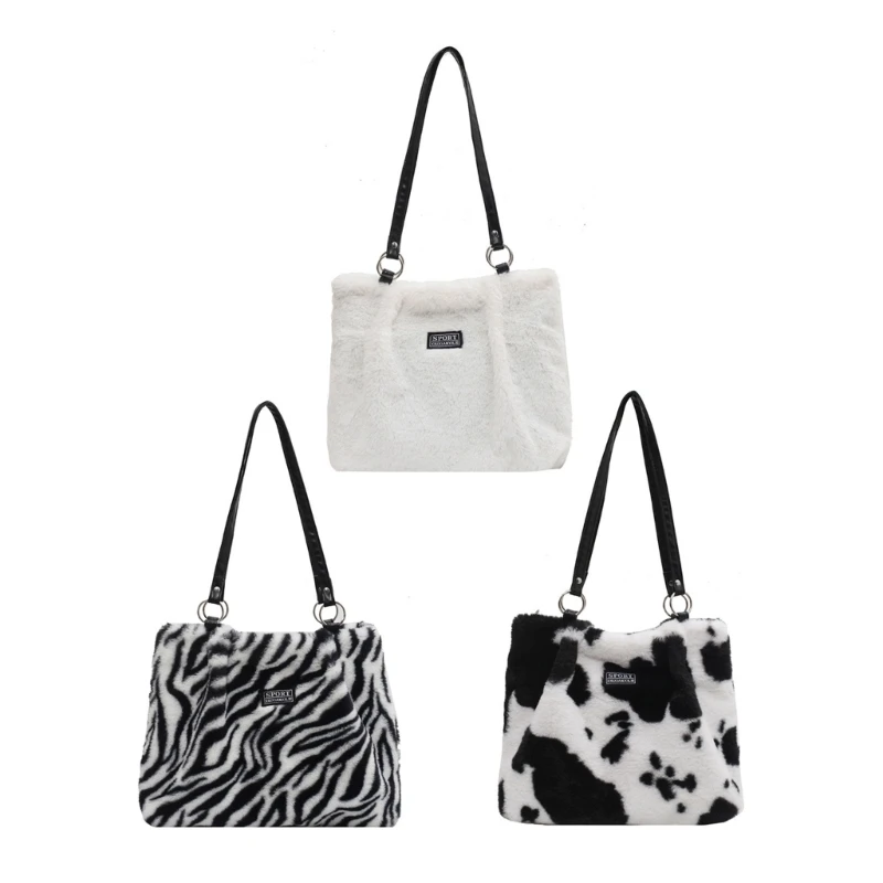 Stay Organized with This Spacious Handbag Cow Pattern Plush Shoulder Bag Shopper Bags for Everyday Needs