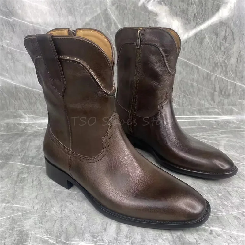 Men Cowboy Boots Vintage Brown Short Boots Genuine Leather Western Ankle Knight Boots Pointed Toe Chelsea Boots Size41-47