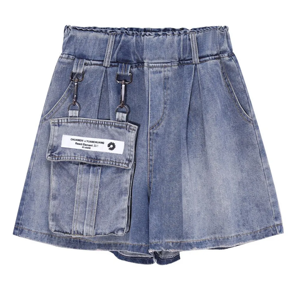 

2024 New Elastic High Waist Women Summer Fashion Casual Solid Color Detachable Pockets Ruched Wide Leg Safari Style Denim Shorts