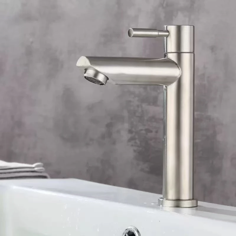 Basin Faucet 304 Stainless Steel Single Cold Water Tap Black Silver Color Deck Mounted Lengthening and Raising Basin Sink Tap