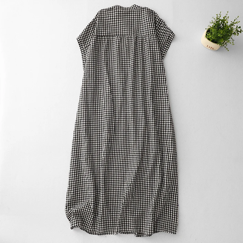วินเทจลายสก๊อตแขนสั้นเสื้อชุดสตรีฤดูร้อนสไตล์วิทยาลัยหลวมชุดยาวลําลองStreetwear
