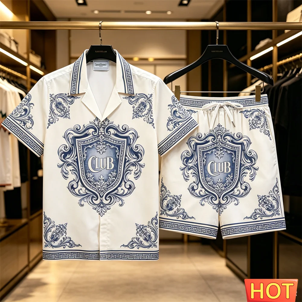 American Club Shirt Set Home Set shirt pants sets Summer Men's Hawaiian Shirt Set Breathable Hotel vacation shirt two-piece set