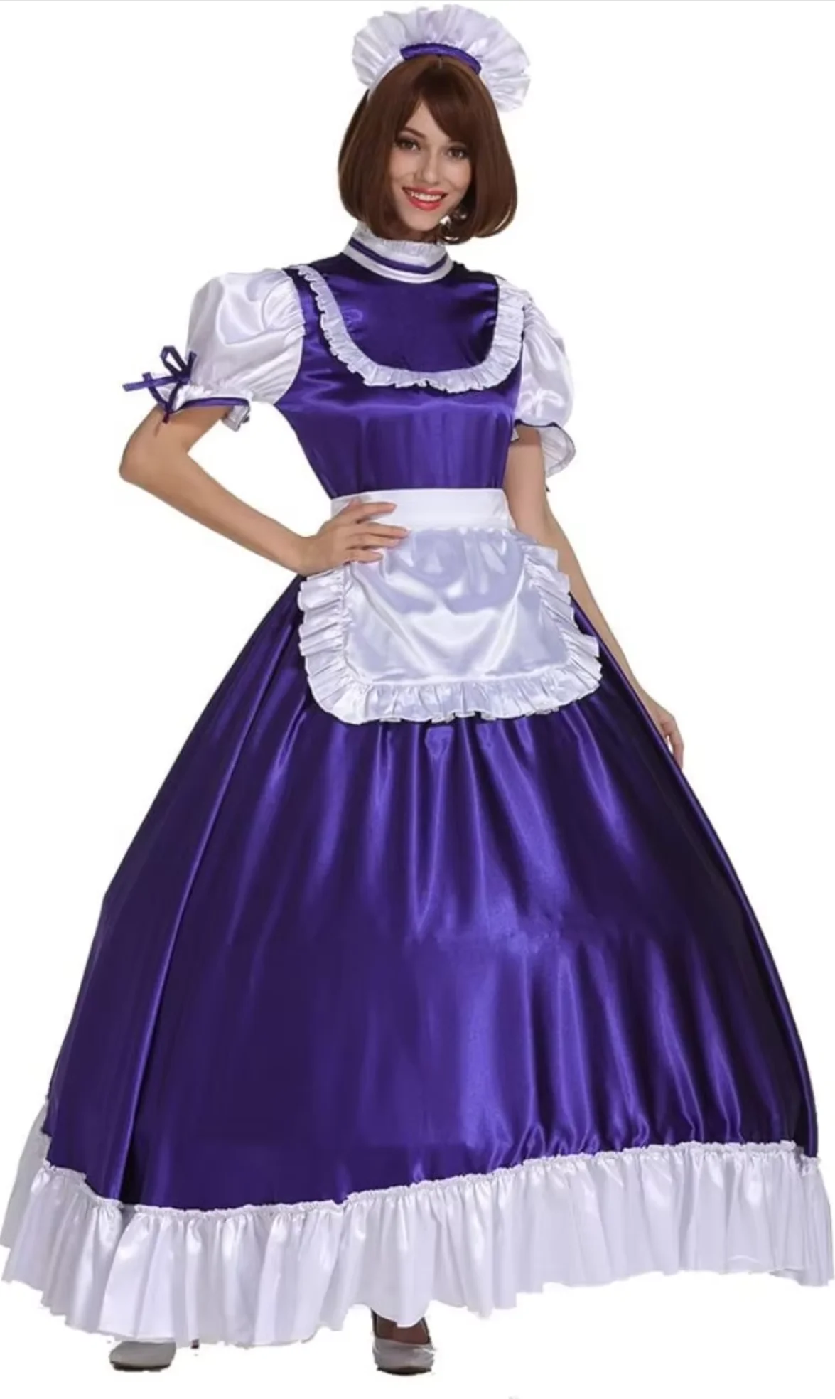 

French Sexy Adult Custom Fetish Cross Dressing Sissy Purple Short Sleeved Long Dress with Skirt Support Role-playing Dance Dress