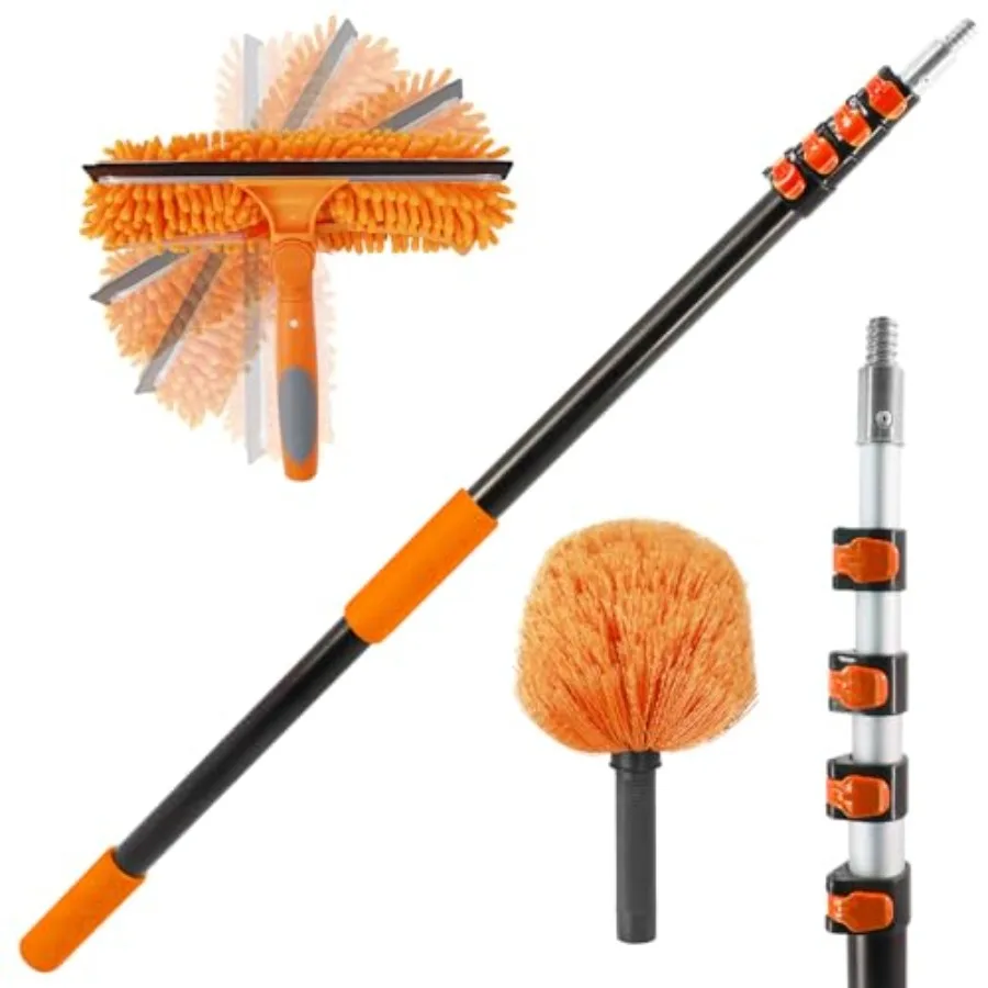 

23 ft High Reach Window Squeegee and Cobweb Duster with Extension Pole 2 in 1 Squeegee for Window Cleaning Spider Web Brush wit