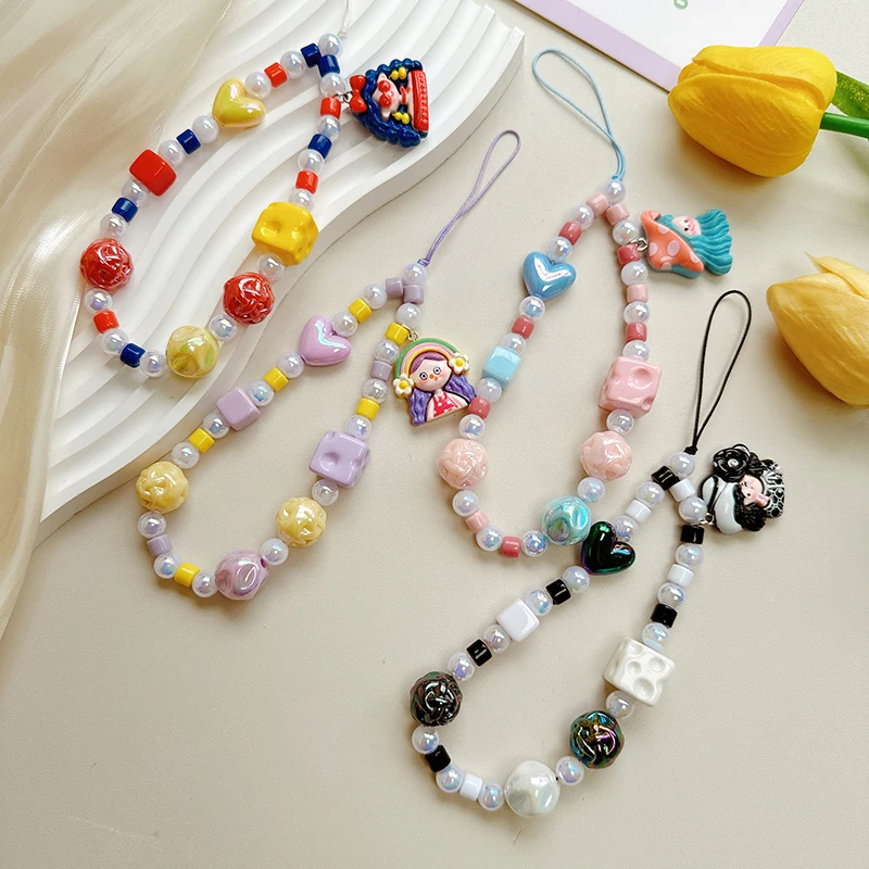 Dopamine Girl Phone Chain Colored Beads Pendant Charm Sweet Earphone Case Lanyard Wrist Strap Bag Decor