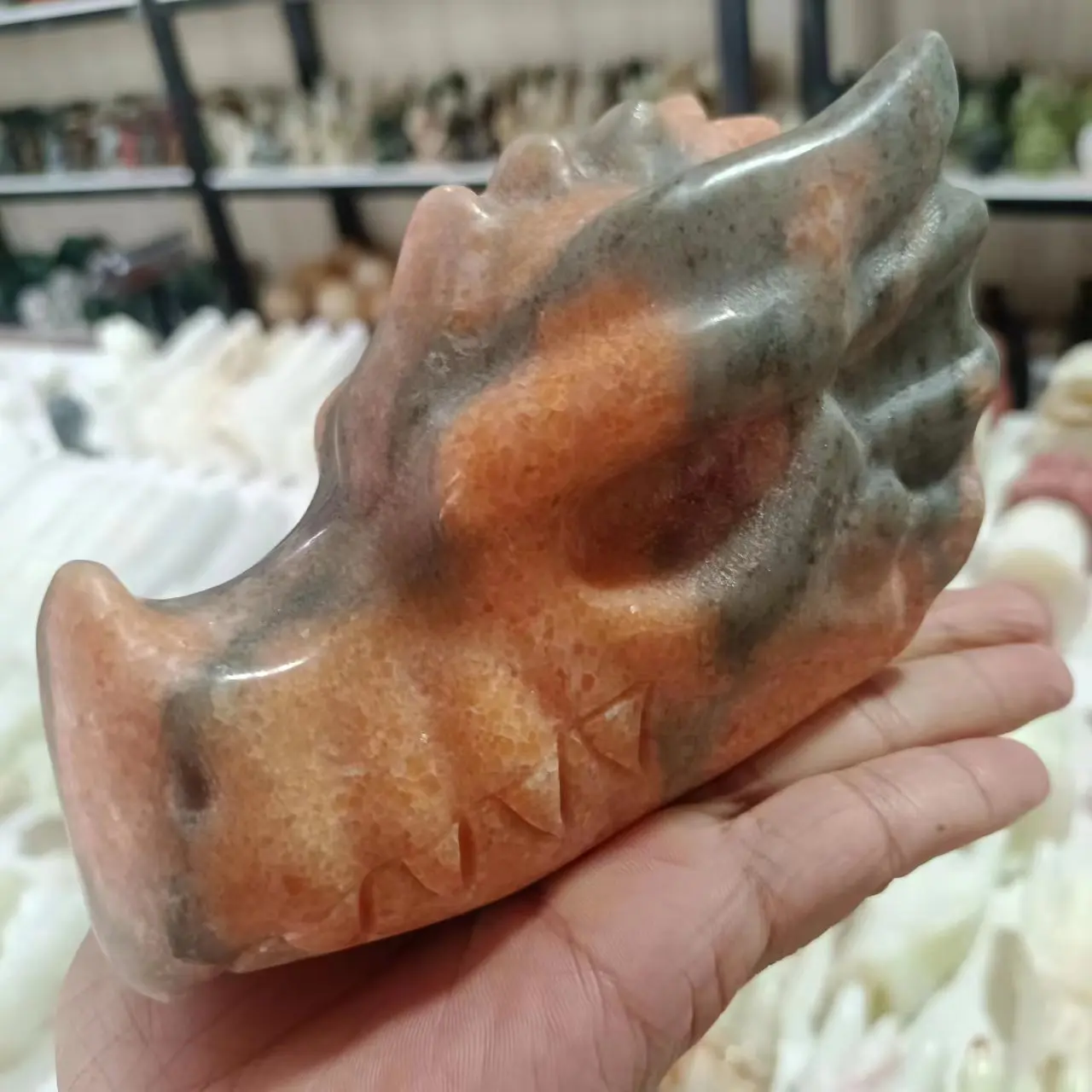 

Magical Natural Orange Sunstone Ore Carved Dragon Head Bone Mineral Specimen Energy Gem Home Office Degaussing Decoration