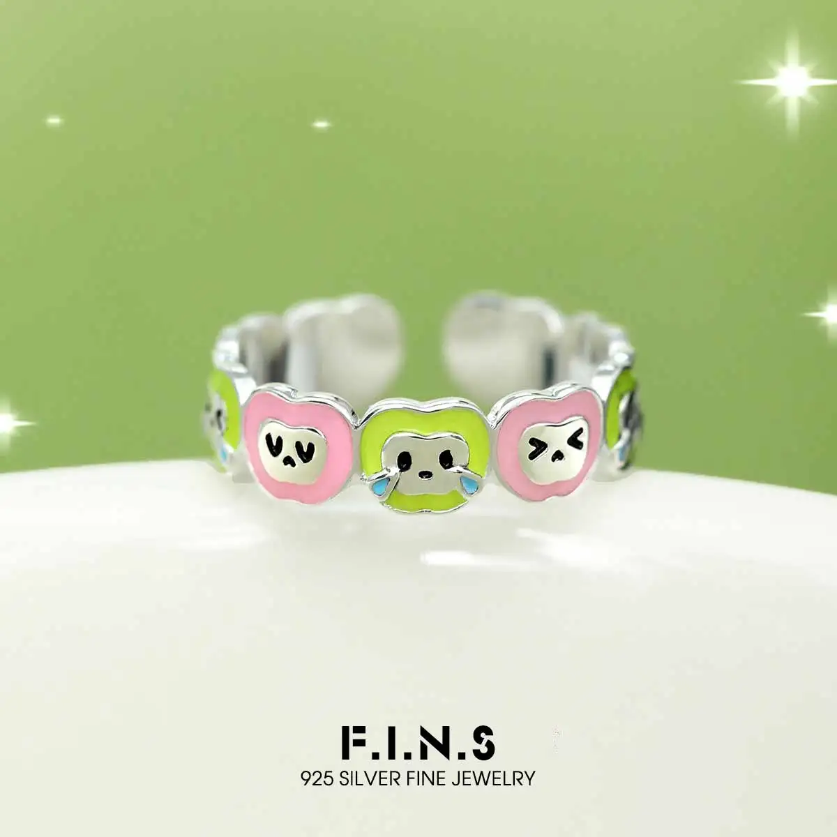 

F.I.N.S оригинальное кольцо с яблоками и сердечками из стерлингового серебра S925, милый мультяшный розовый, зеленый, капельный клей, открытые регулируемые украшения на палец