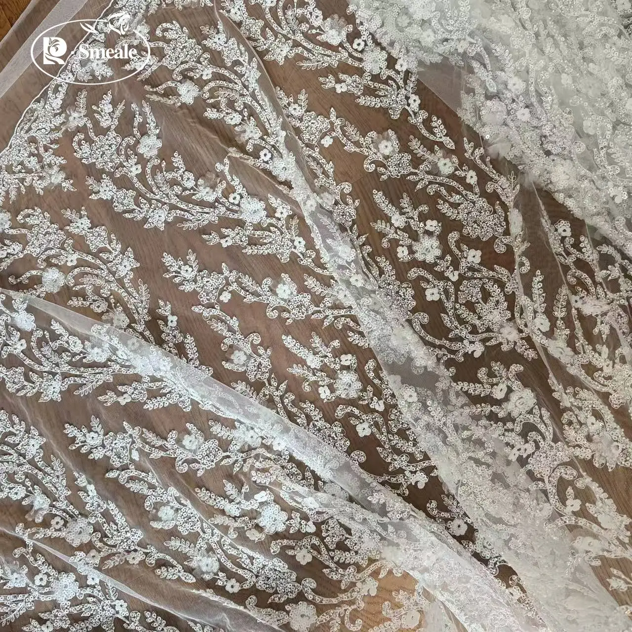 3D-Chiffon-Applikationen-Spitzenstoff mit Glitzernden Pailletten, DIY-Brautkleid, Stoff zum Nähen – Detail 4