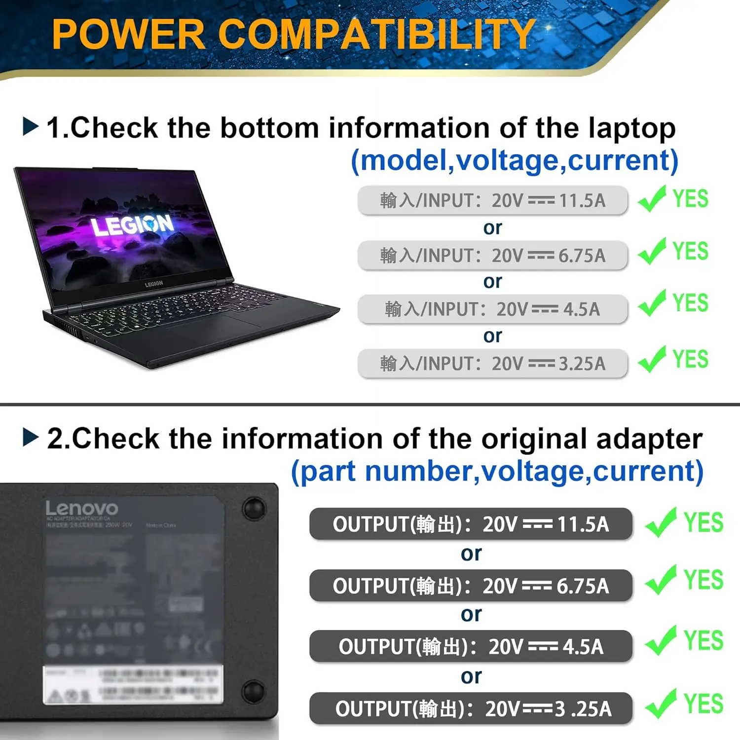 230W 20V 11.5A สําหรับ Lenovo Legion 5 7 Y520-15 Y540 Y730 Y7000 Y7000P Y9000K Thinkpad P51 P52 P71 P72 แล็ปท็อปอะแดปเตอร์