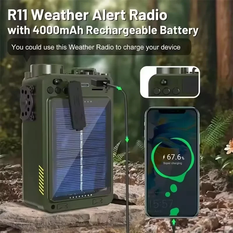 R11 متعددة الوظائف راديو الطوارئ BT المتكلم في الهواء الطلق AM/FM/SW/WB راديو كامل النطاق مع كرنك اليد الشمسية دينامو TF بطاقة مشغل USB