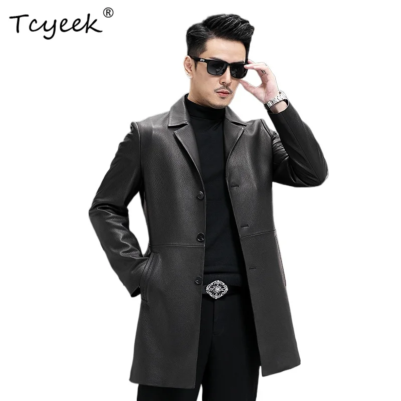 

Tcyeek Goatskin Spring Autumn High End Trendy Suit Collar Black Medium Length Men's Genuine Leather Jacket Chaqueta Cuero Hombre