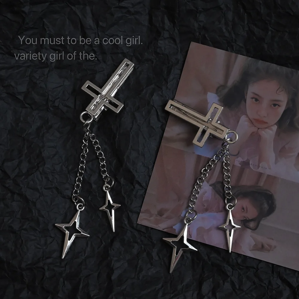 2 peças de grampos de cabelo góticos Y2K com cruz, estrela, corrente e borla, acessórios de cabelo com estética punk para meninas e mulheres, joias hip hop._voghion.com