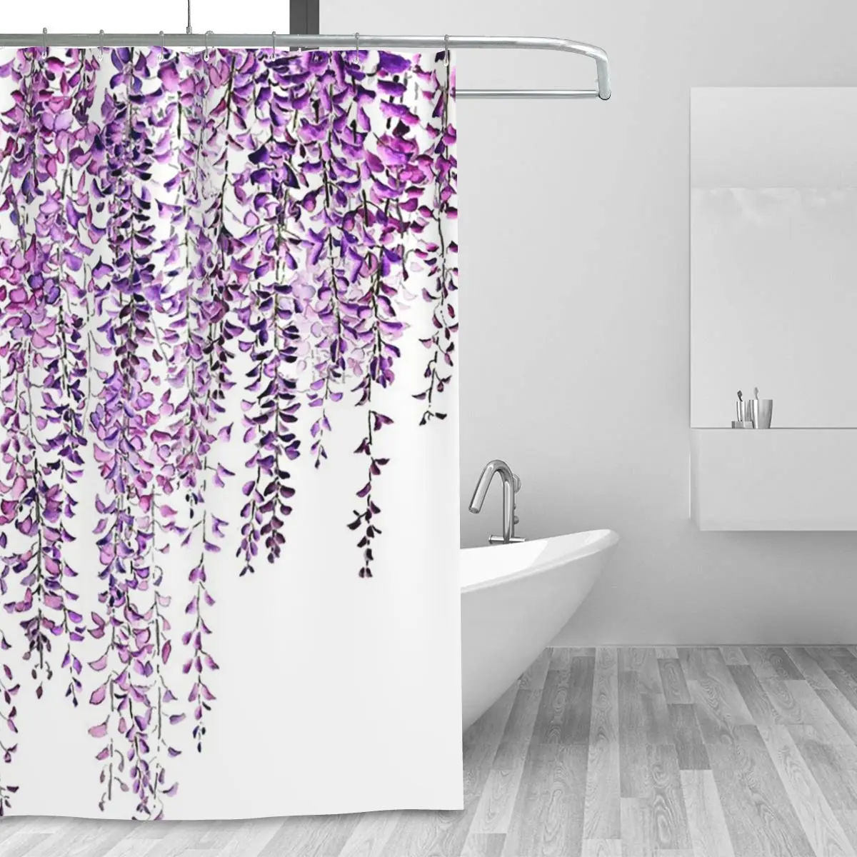 Hand Painted Purple Wisteria In Bloom Shower Curtain Bathroom Polyester Waterproof Bath Curtains with Hooks