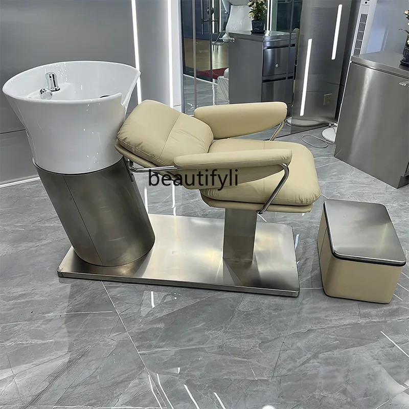 High-End Barber Shop Lying Half Shampoo Chair for Hair Salon Fashion Stainless Steel Flushing Bed Trendy Ceramic Deep Basin