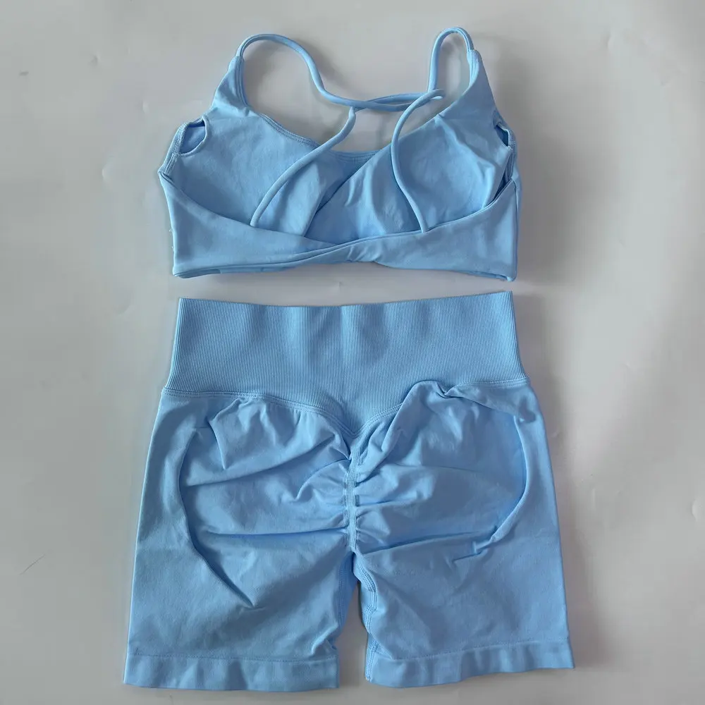2-teiliges Set Damen-Outfit, nahtloser Yoga-BH mit Riemchen und Twist-Rücken, Scrunch-Shorts, Sportanzug, Fitness- und Gym-Kleidung, Yoga-Set – Detail 11