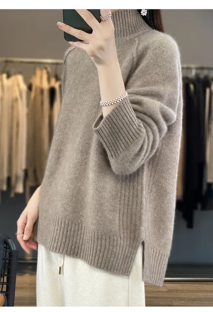 Women's High-Necked Cashmere Sweater 100% Soft Wool Thickened Lazy Raglan Sweater with Slit for Autumn Winter Comfortable Waxy W