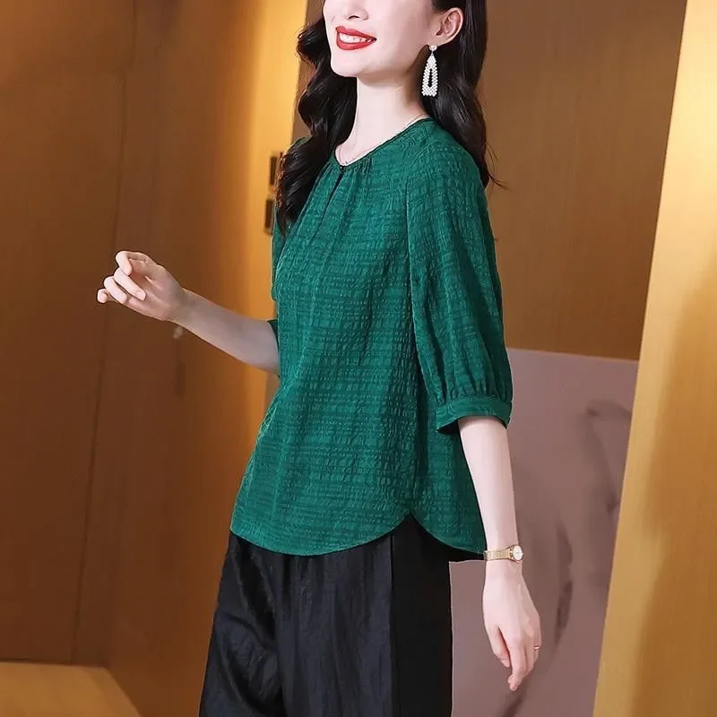 Jesienna Nowa Zielona Bluzka z Bufiastymi Rękawami z Szyfonu Damska Okrągły Dekolt Krótki Rękaw Temperament