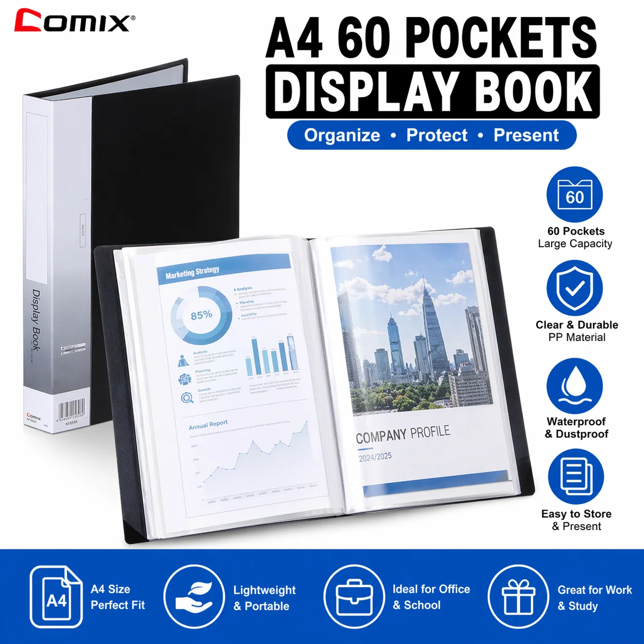 

Папка-презентер Comix A4 на 60 карманов, органайзер для документов, черная, для офиса и школы, канцелярские товары