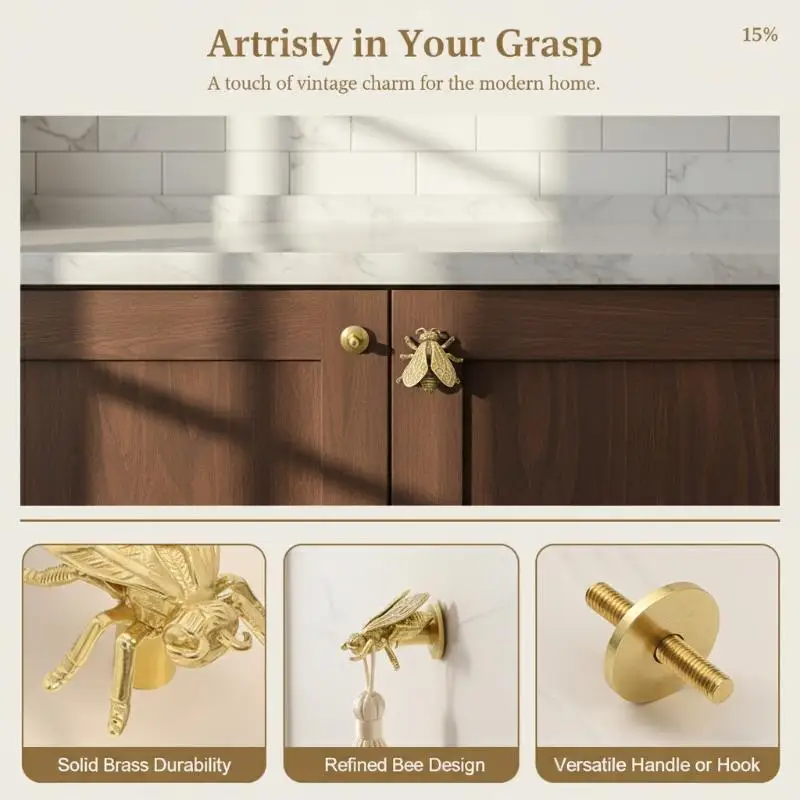 Creative Retro Bee Brass Handle Vintage Single Hole Cabinet Door Knobs Gold Furniture Hardware Wardrobe Drawer Pulls Dresser