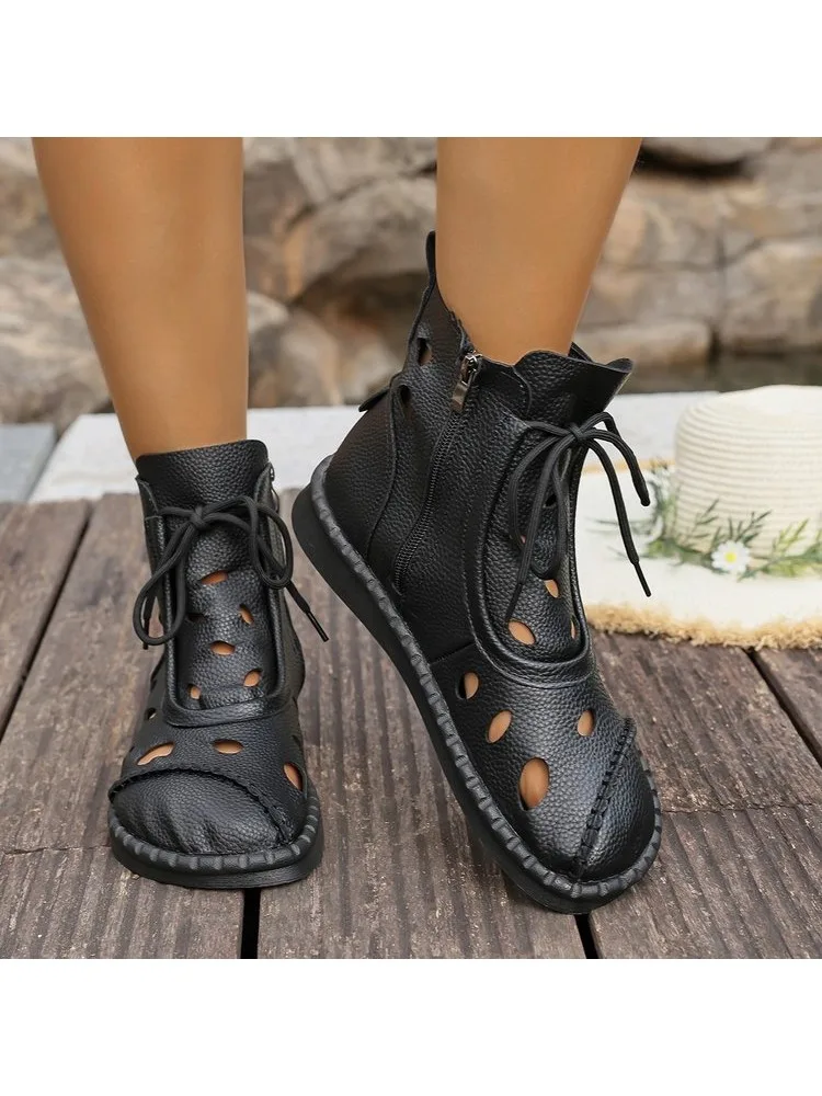 Bottes courtes décontractées et fraîches pour femmes, Style romain, ajourées, respirantes, à semelles souples, confortables, à fond plat, printemps et été