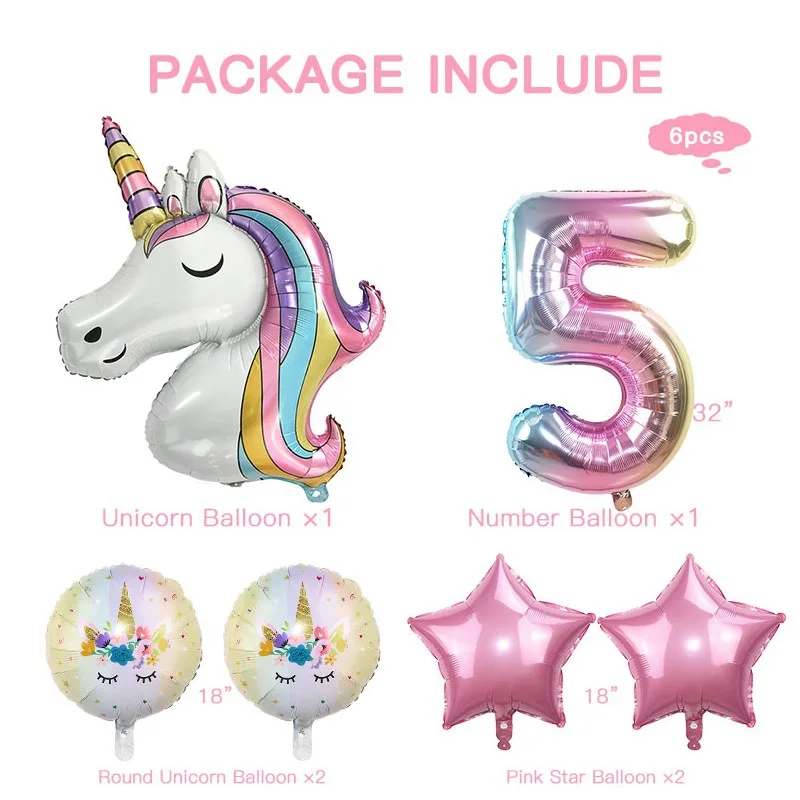 Unicorn Balloon 32inch Number Foil Balloon Set Birthday Party Decor Kids Unicorn Disposable Tableware Baby Shower Party Supplies