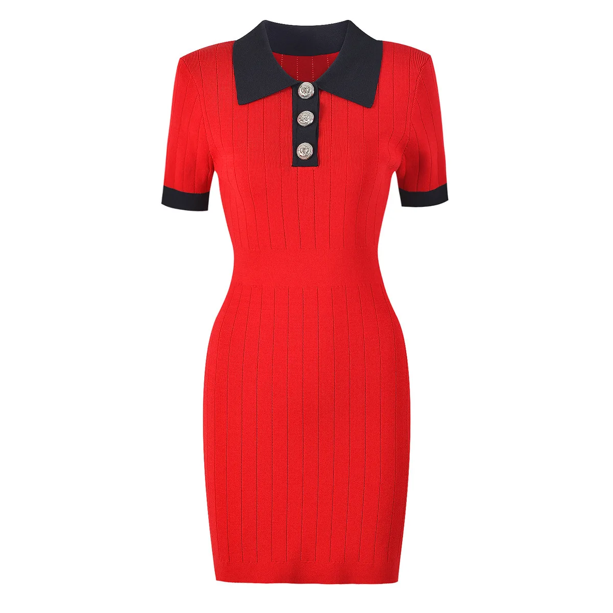 

CHUJIE Premium Knit Dress Collar Detail Slim Fit Office Commuter Dress Short Sleeve SS25
