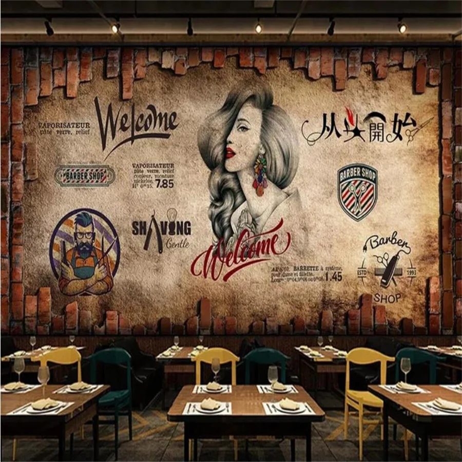 Custom wallpaper 3d European and American industrial wind wall brick beauty salon barber shop background wallpaper papier peint