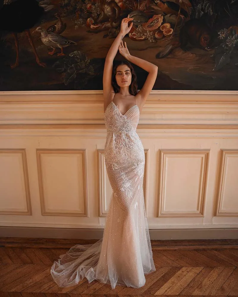 Vestido de novia largo de tul con tirantes finos y Espalda descubierta, traje Sexy de encaje con apliques de sirena para boda