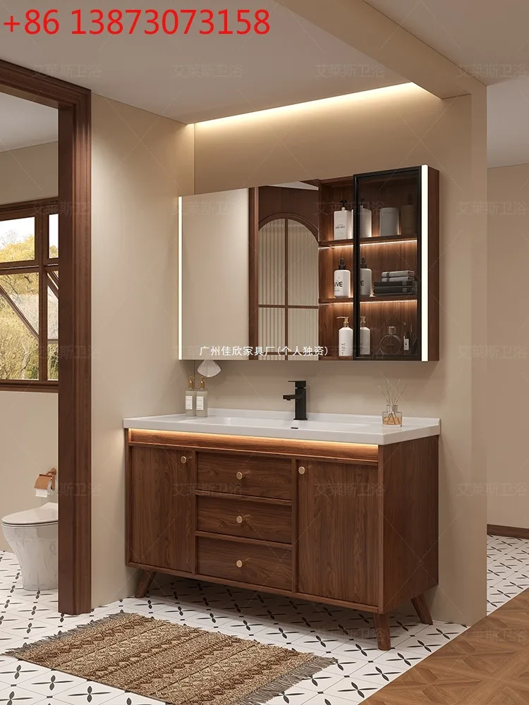 

Walnut ceramic integrated basin floor-to-ceiling bathroom cabinet combination Song's aesthetic bathroom washbasin face washbasin