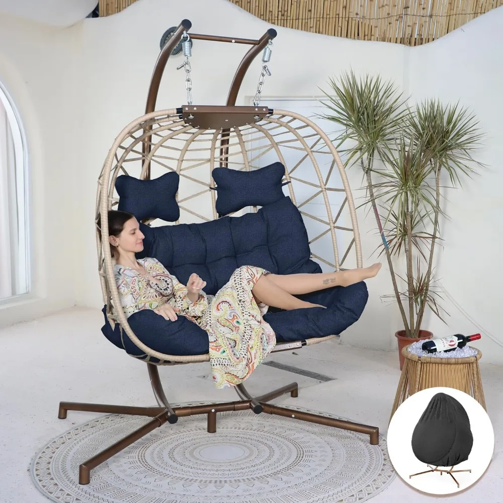 Oversized 2 Person Patio Swing Chair with Stand and Thick Cushion, Indoor Outdoor Large PE Wicker Egg Shaped Hanging Egg Chair