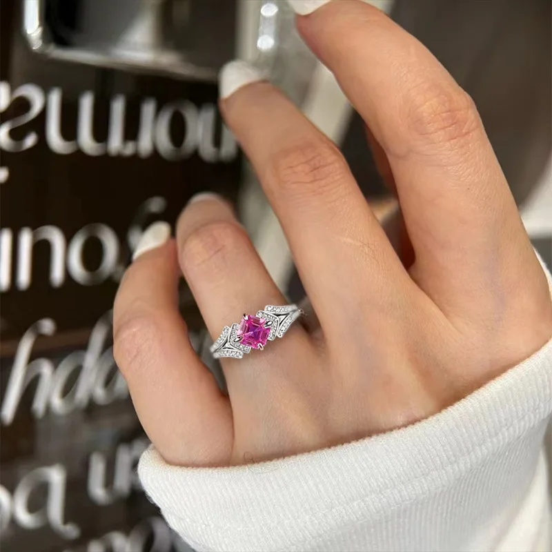 Xiaoyan cultivates a new 100% S925 silver 6 * 6mm Aschet powder tourmaline ring with a high-end feel as an anniversary gift