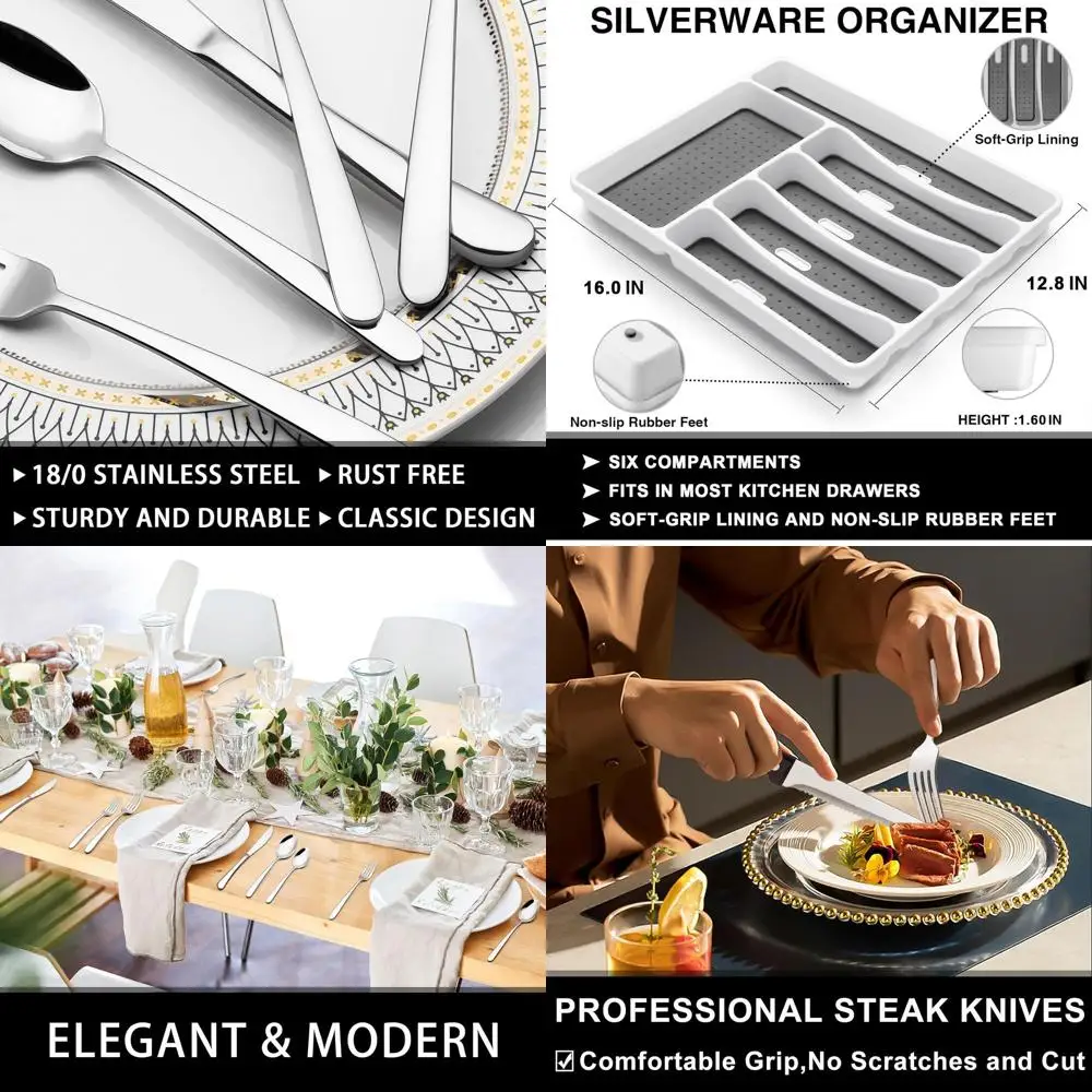 

8-Person Stainless Steel Silverware Set with Organizer, Rust-Resistant, Dishwasher Safe Cutlery with Steak Knives