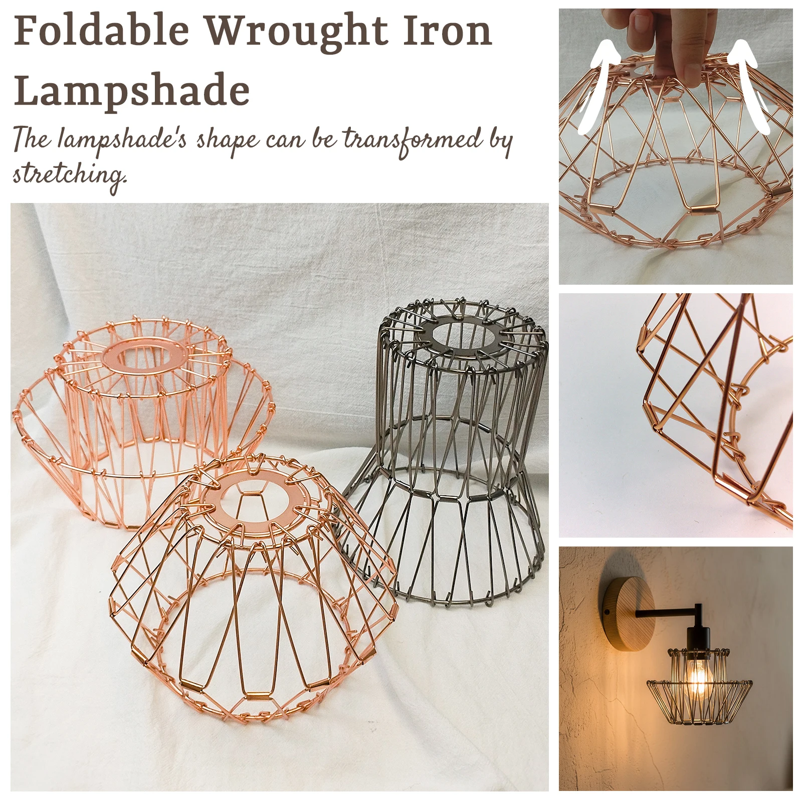 Adjustable Foldable Wrought Iron Wire Lamp Shade Stretchable Deformable Metal Cage Cover for Pendant Wall Desk Lamp