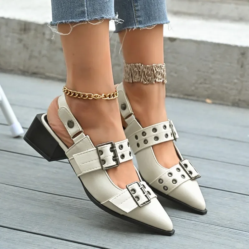

Women's Sandals Pointed Toe Belt Buckle Square Heel Cover Toe Shoes Women Leisure Daily One Kick Roman 34-43 Sandalias De Mujer