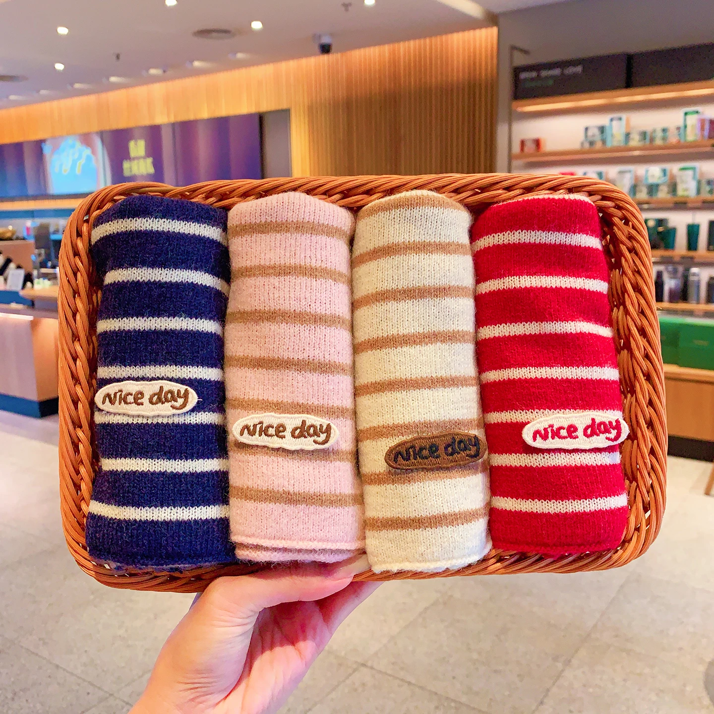 New Winter Warm Striped Knit Loop Scarf For Women Soft Stretchy Kids Neck Warmer Embroidery Label Decor Snood Boys Girls Winter
