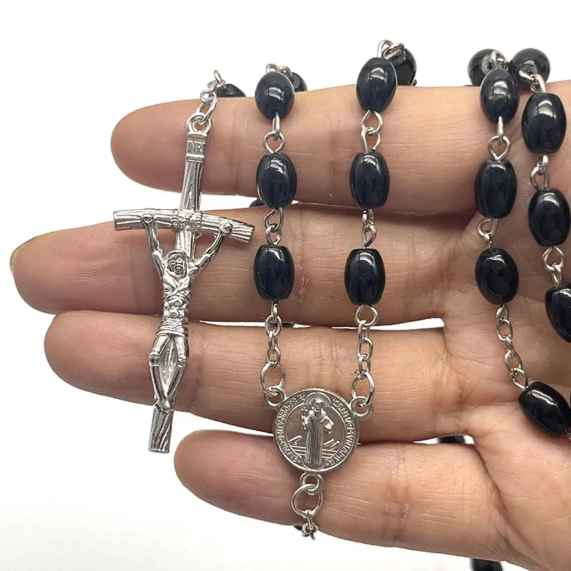 Religious  8*6  Oval  Glass  Pearl  Rosary  Beads  Curved  Needle  Cross  Necklace  Catholic And Can Be Given As Gift Can Prayer