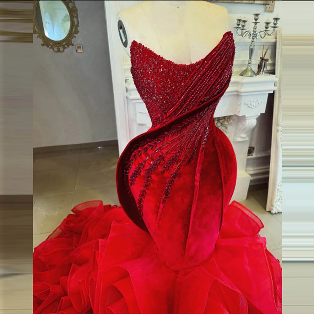 Pretty Red Mermaid Evening Dresses Ruffles Bottom Beads Sequins Custom Made Wedding Guest Gowns Plus Size Aso Ebi Prom Dress